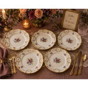 5 Reichenbach GDR Fine China Dessert Plates Gold Gilt Floral Scalloped 7.5 inch